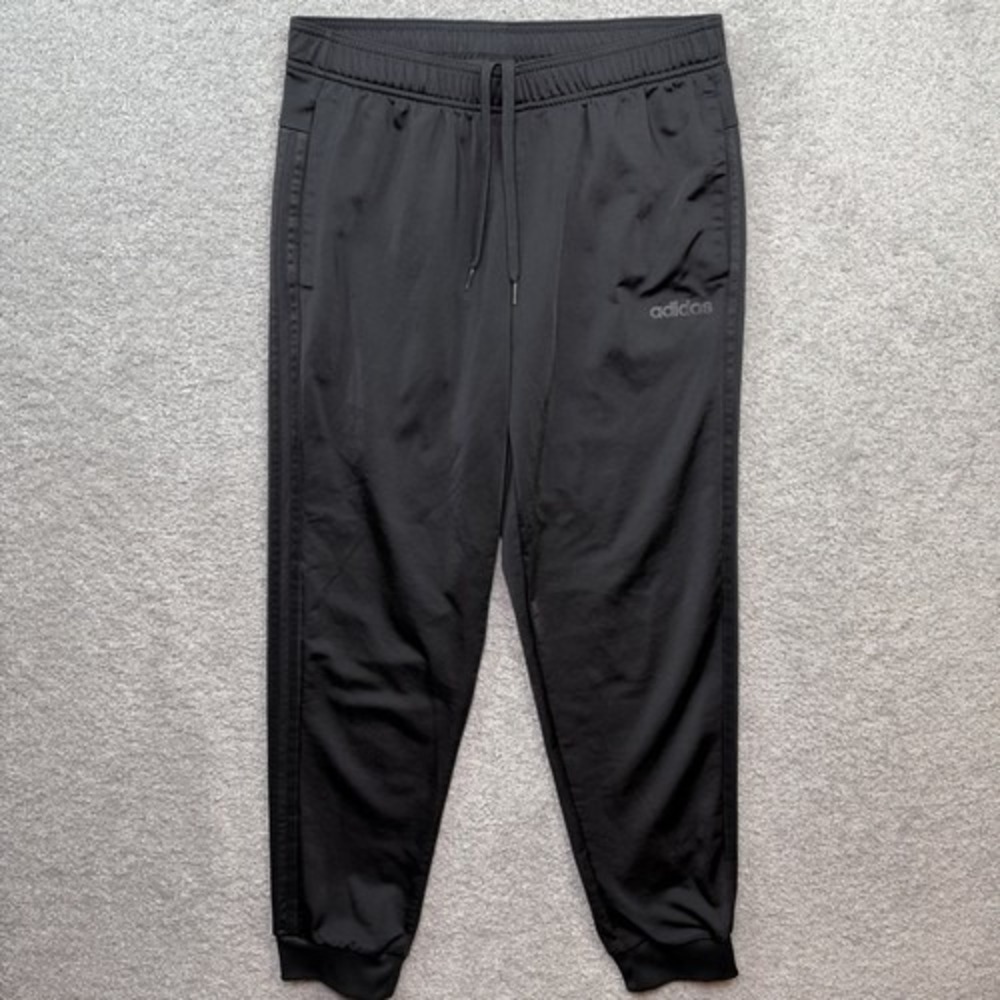 adidas Mens L Black Track Pants 3 Stripe Tapered Joggers Drawstring GM5942